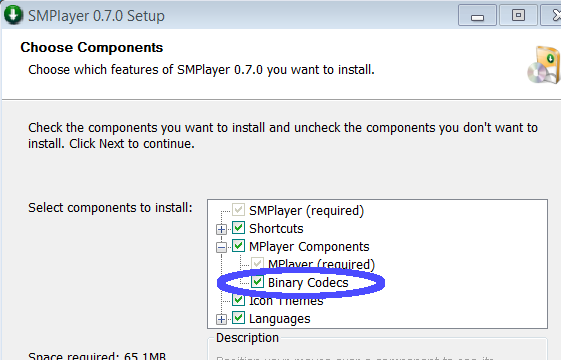 SMPlayer components dialog