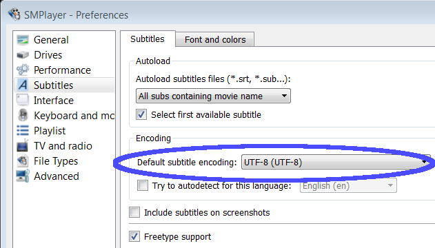 SMPlayer encoding selection